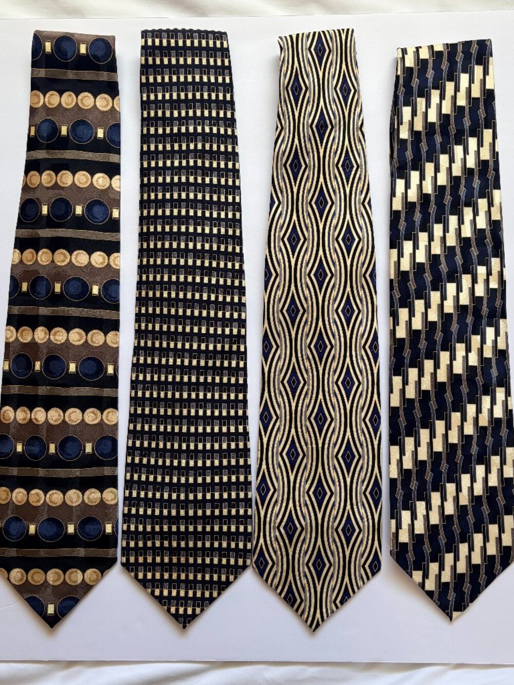 Di Mossio Silk Tie Set of 4 Geo Blue Gray Tan 4" Neckties